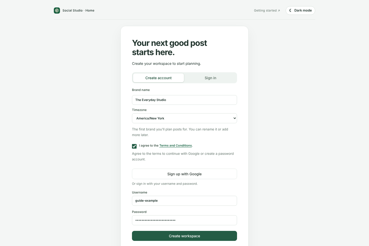 Create account screen with the first brand name and timezone, terms agreement, Google option and username and password fields.