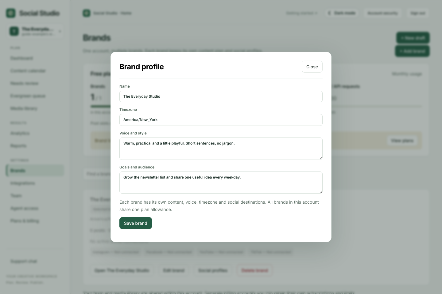 Brand profile form with an example brand name, America/New_York timezone, voice and audience goals.