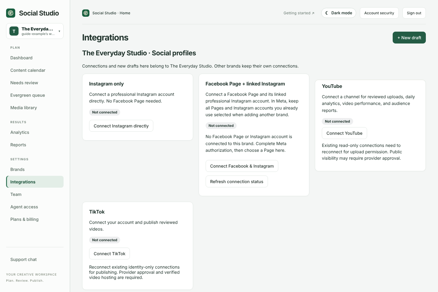 Integrations screen with Instagram, Facebook, YouTube and TikTok connection cards in an unconnected example workspace.