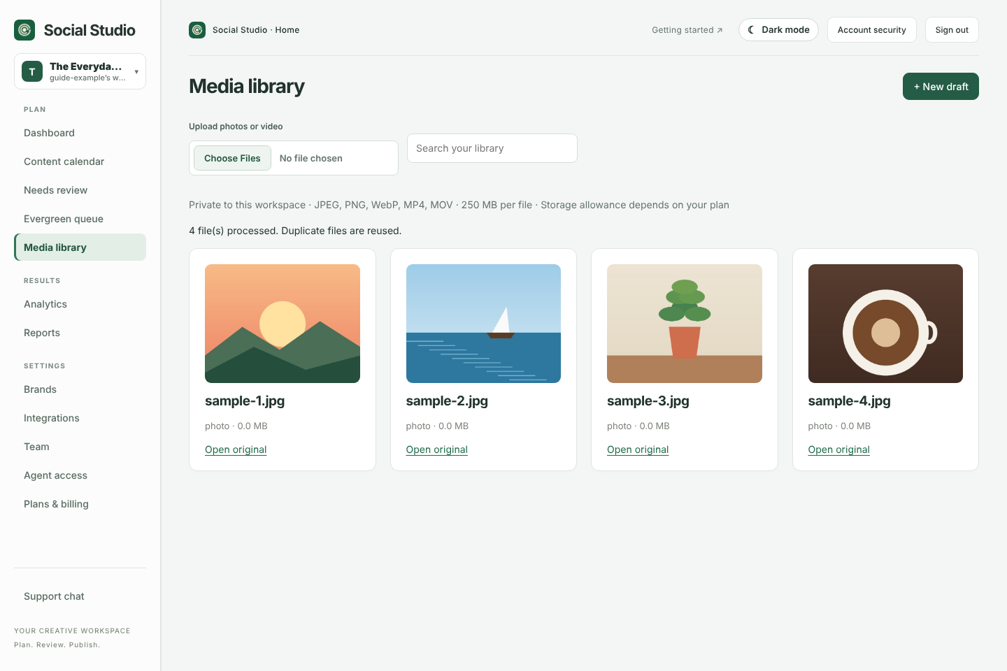 Media library containing four example images, with upload and search controls.