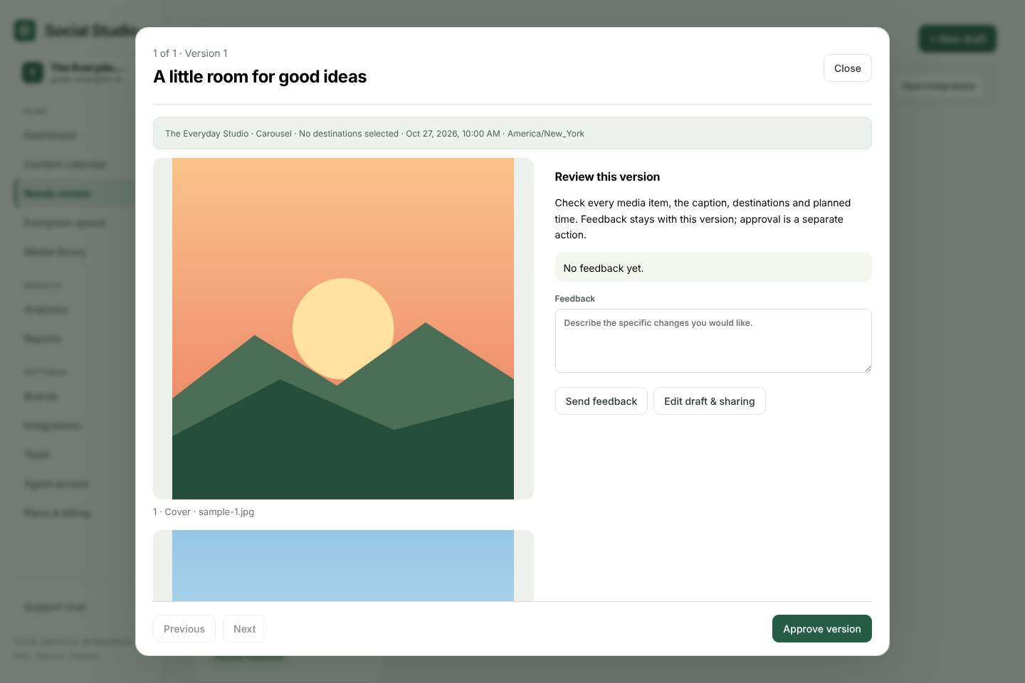 Review dialog displaying the saved carousel and planned time beside feedback and Approve version controls.