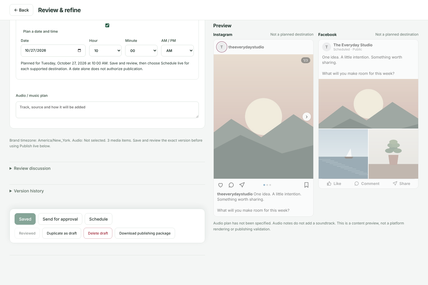 Approved example draft with its planned time, Schedule and Download publishing package controls.
