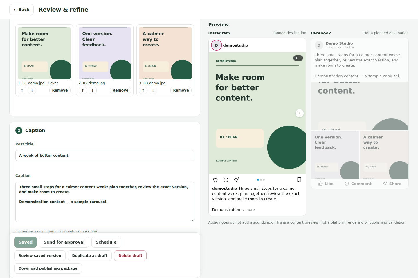 Social Studio full-page composer in a demonstration workspace, with a carousel draft, caption and media previews